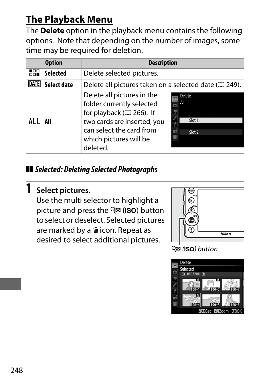 The playback menu | Nikon D7200 body User Manual | Page 272 / 420