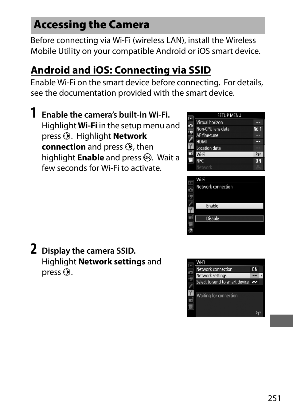 Accessing the camera, Android and ios: connecting via ssid | Nikon D7200 body User Manual | Page 275 / 420