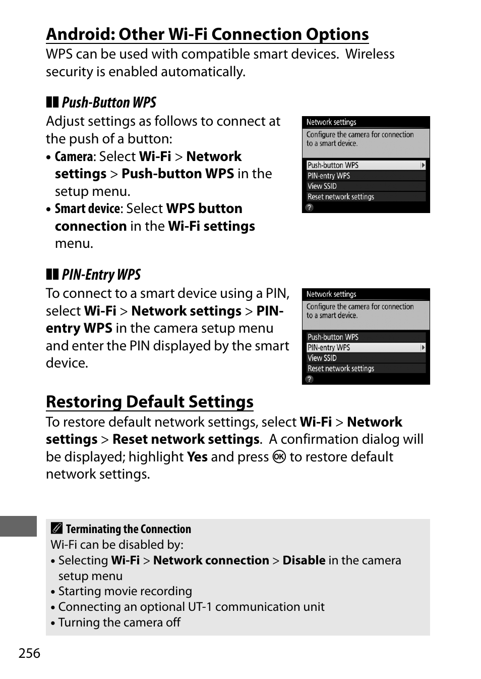 Android: other wi-fi connection options, Restoring default settings | Nikon D7200 body User Manual | Page 280 / 420