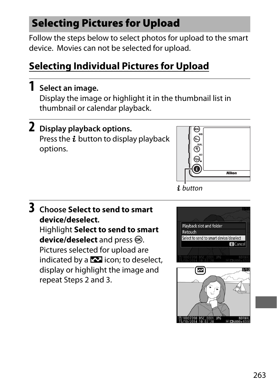 Selecting pictures for upload, Selecting individual pictures for upload | Nikon D7200 body User Manual | Page 287 / 420