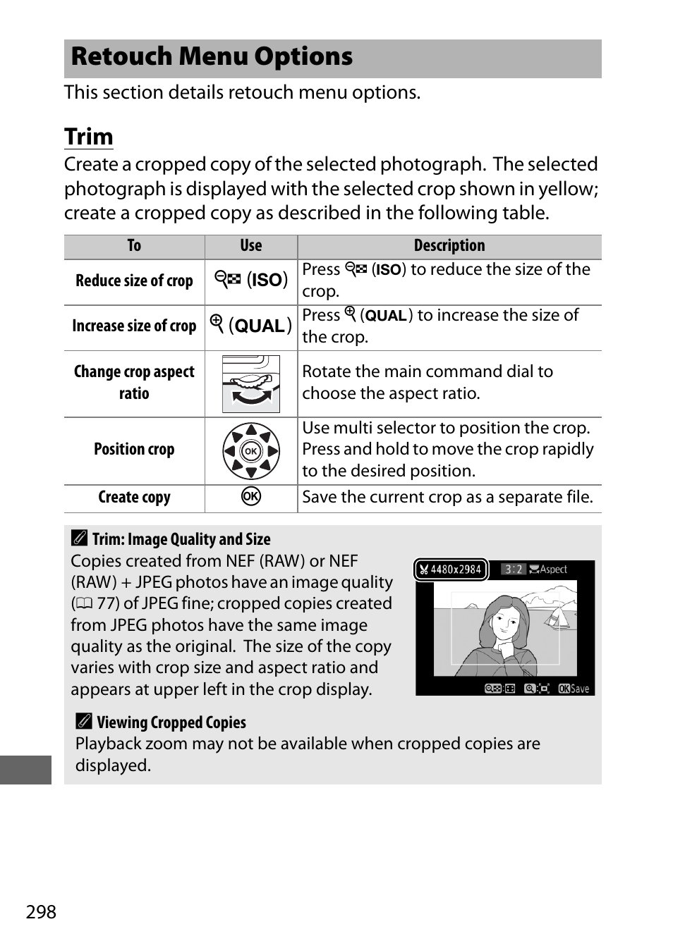 Retouch menu options, Trim | Nikon D7200 body User Manual | Page 322 / 420