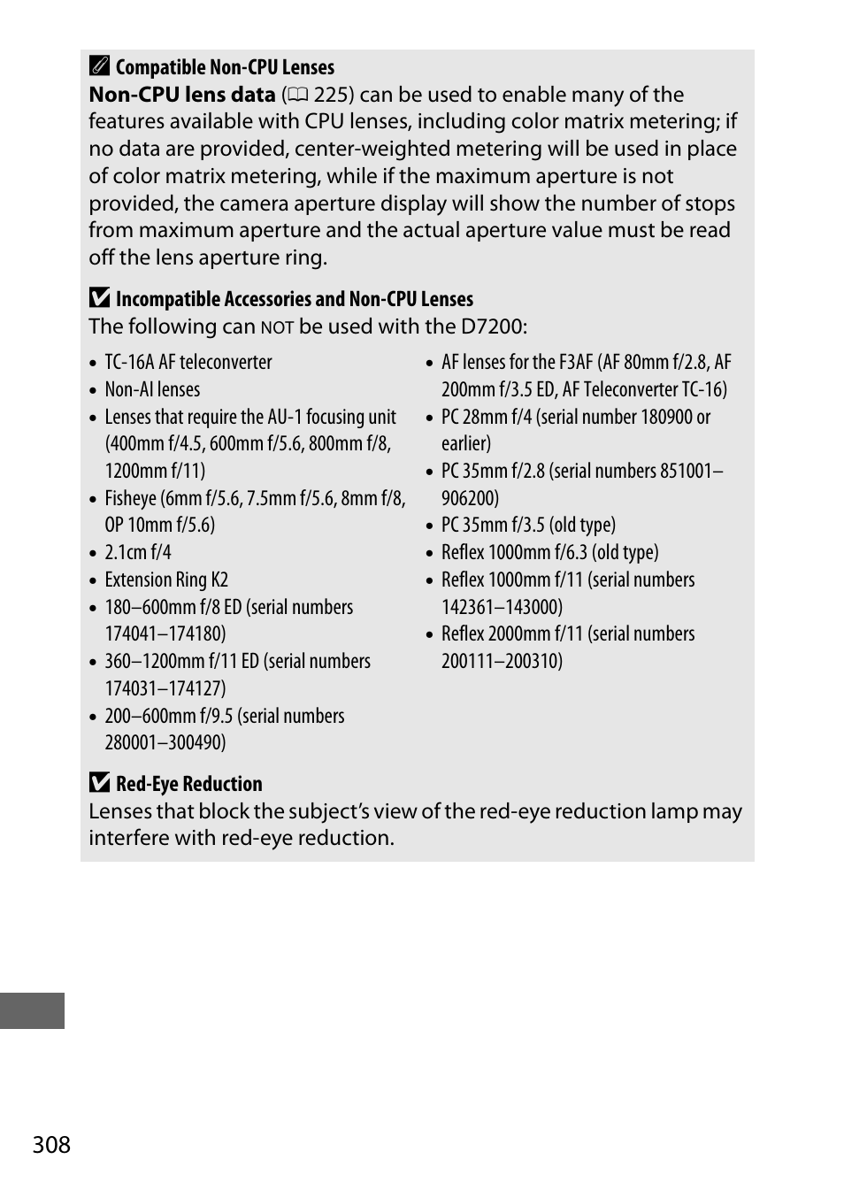 Cpu lenses, 308 a | Nikon D7200 body User Manual | Page 332 / 420