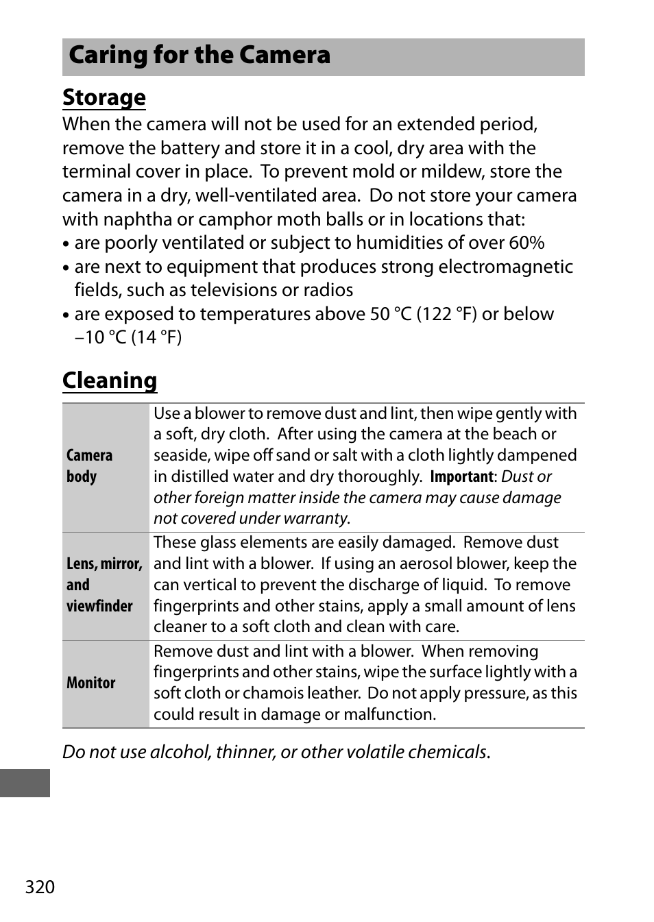 Caring for the camera, Storage, Cleaning | Nikon D7200 body User Manual | Page 344 / 420
