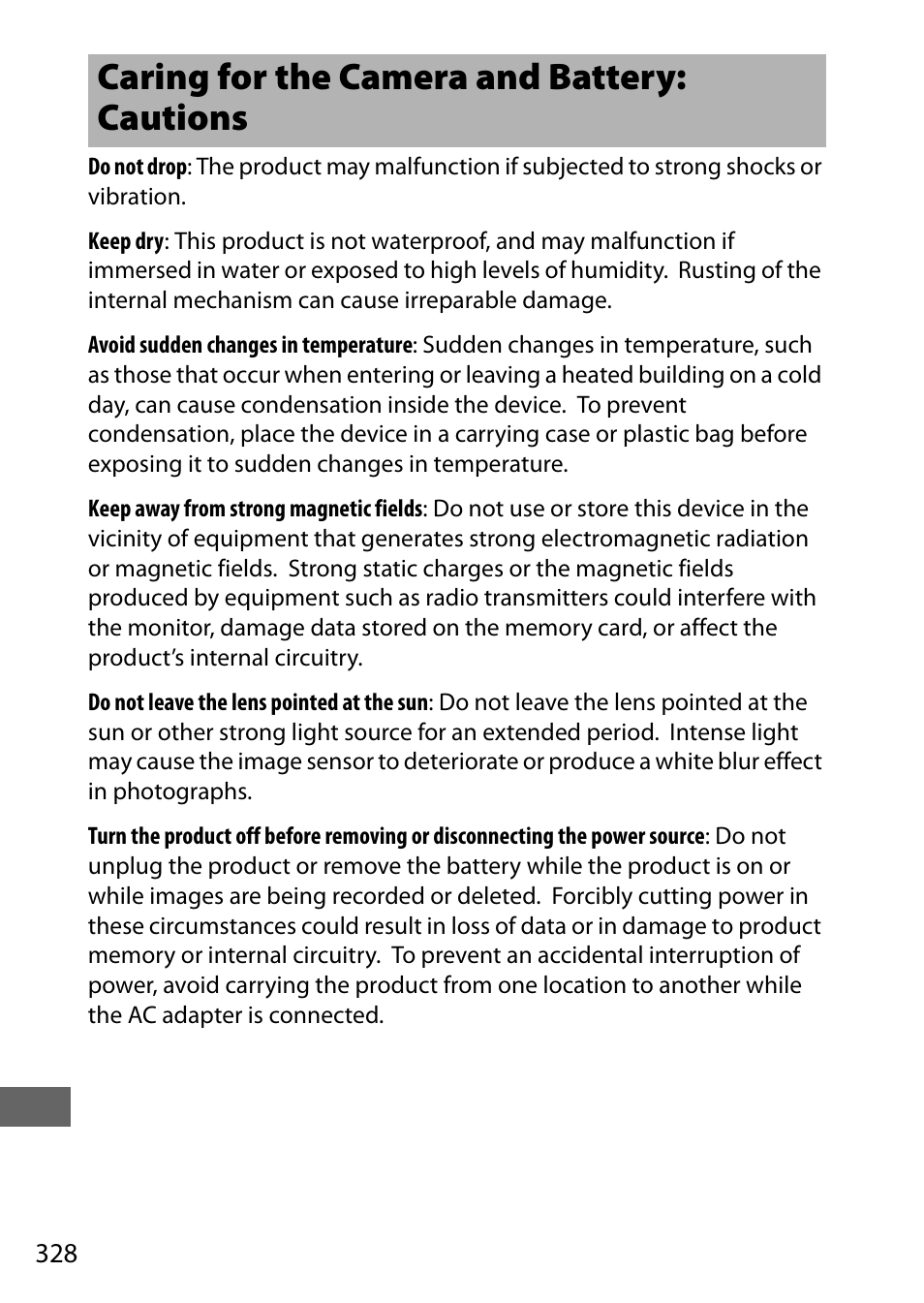 Caring for the camera and battery: cautions | Nikon D7200 body User Manual | Page 352 / 420