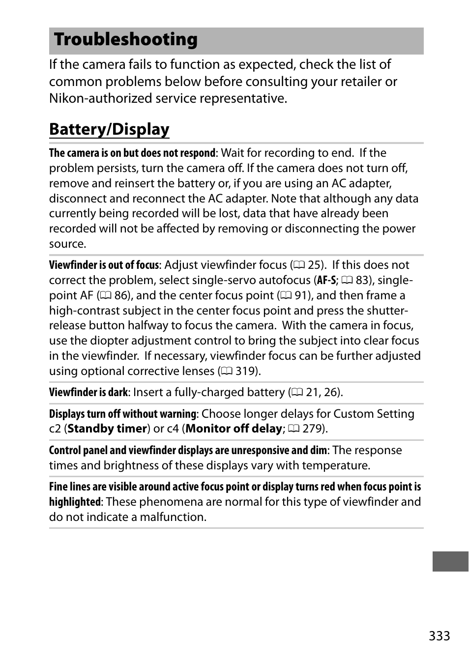 Troubleshooting, Battery/display | Nikon D7200 body User Manual | Page 357 / 420