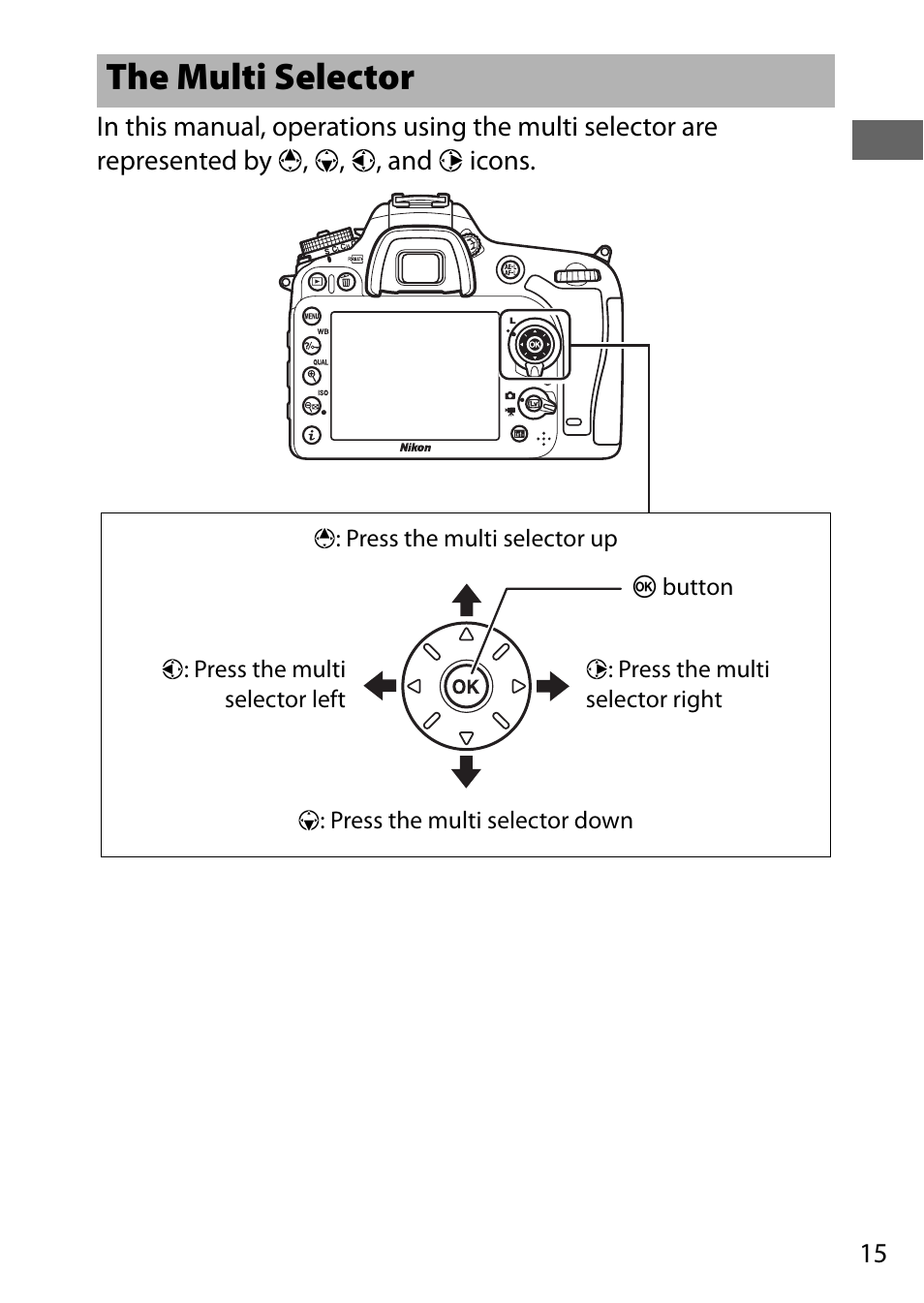 The multi selector | Nikon D7200 body User Manual | Page 39 / 420