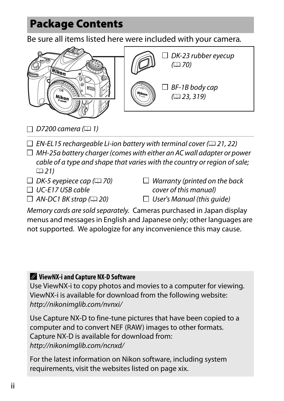 Package contents | Nikon D7200 body User Manual | Page 4 / 420