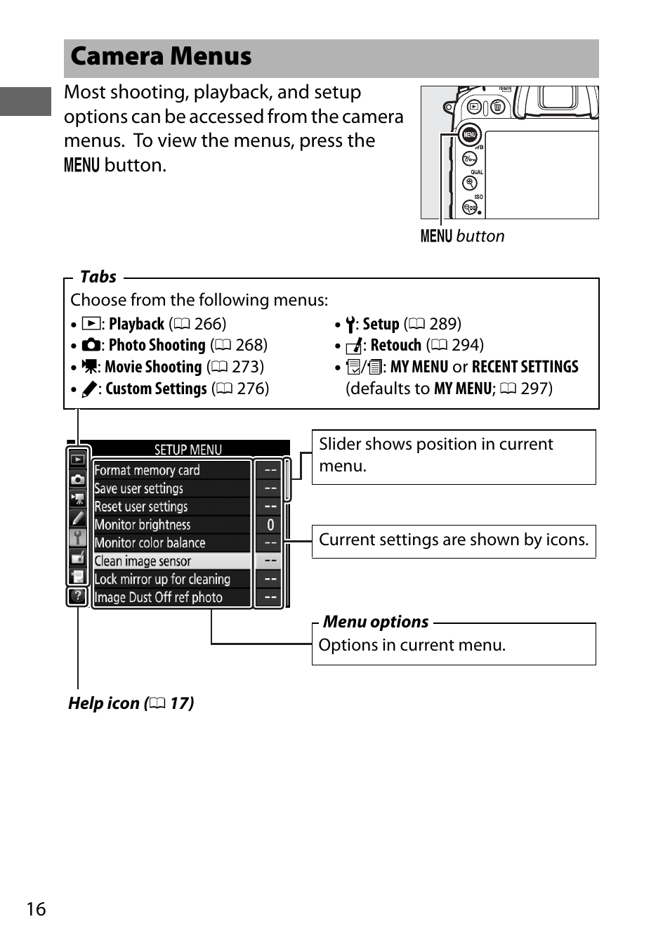 Camera menus | Nikon D7200 body User Manual | Page 40 / 420