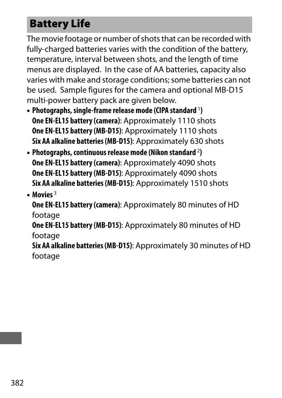 Battery life | Nikon D7200 body User Manual | Page 406 / 420