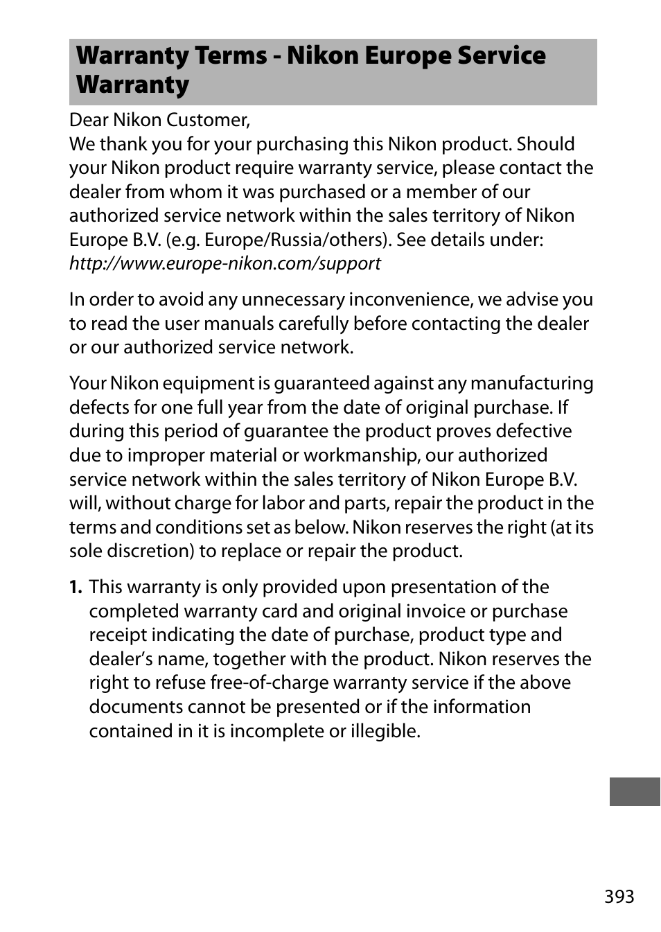 Warranty terms - nikon europe service warranty | Nikon D7200 body User Manual | Page 417 / 420