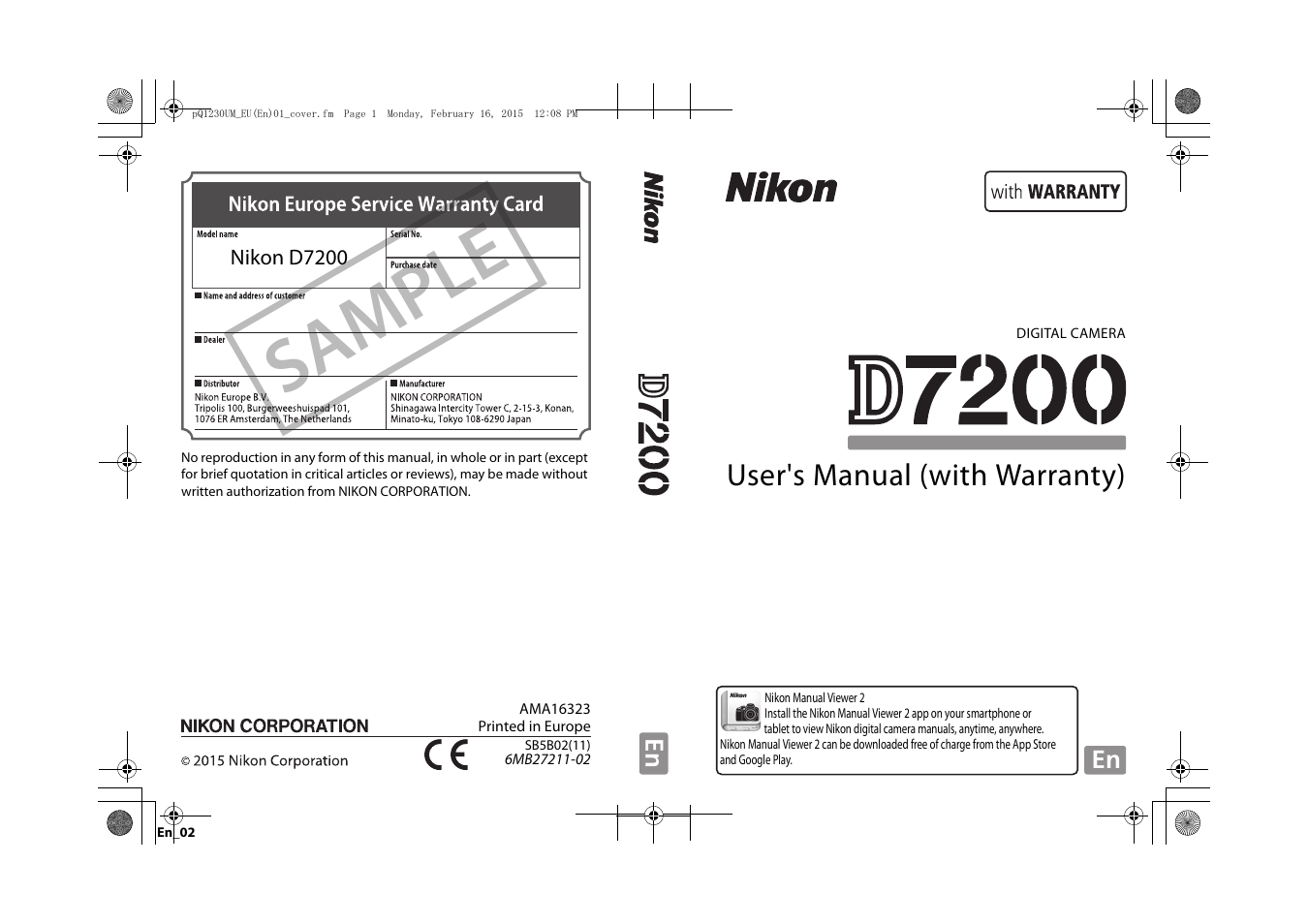 Sample, User's manual (with warranty) | Nikon D7200 body User Manual | Page 420 / 420