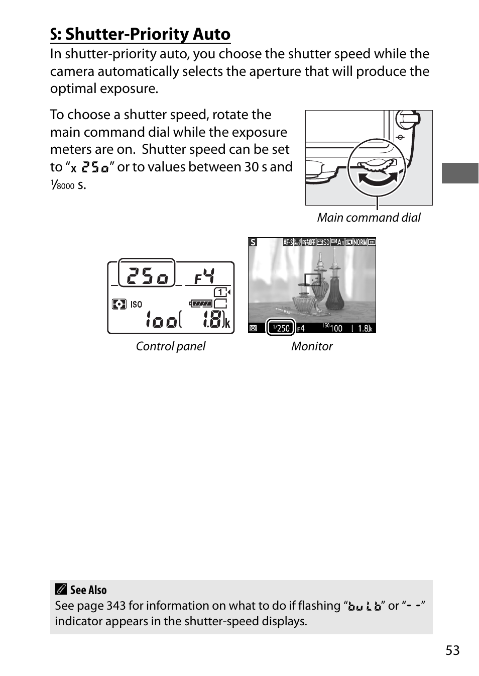 S: shutter-priority auto | Nikon D7200 body User Manual | Page 77 / 420