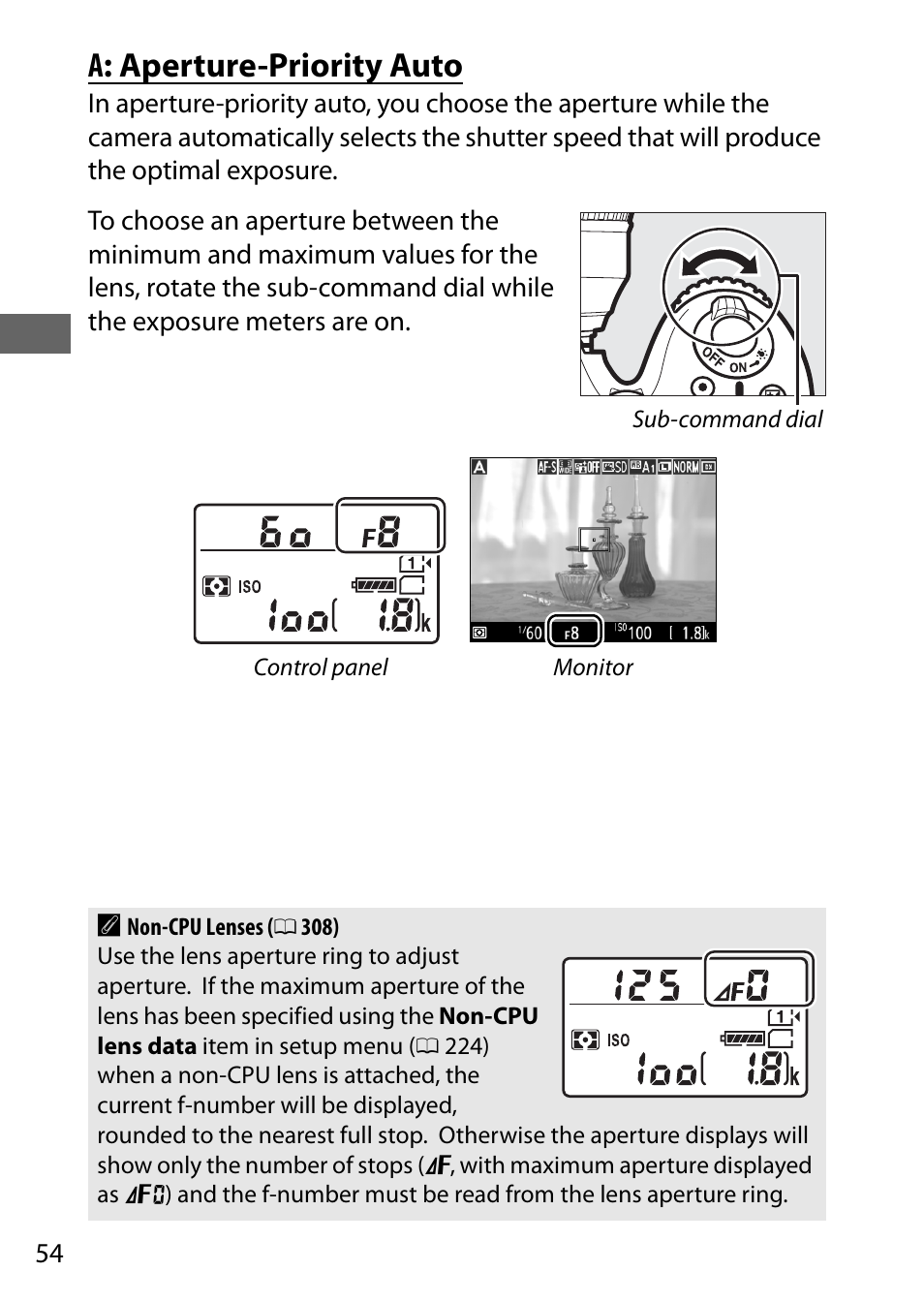 A: aperture-priority auto, 0 54): u | Nikon D7200 body User Manual | Page 78 / 420