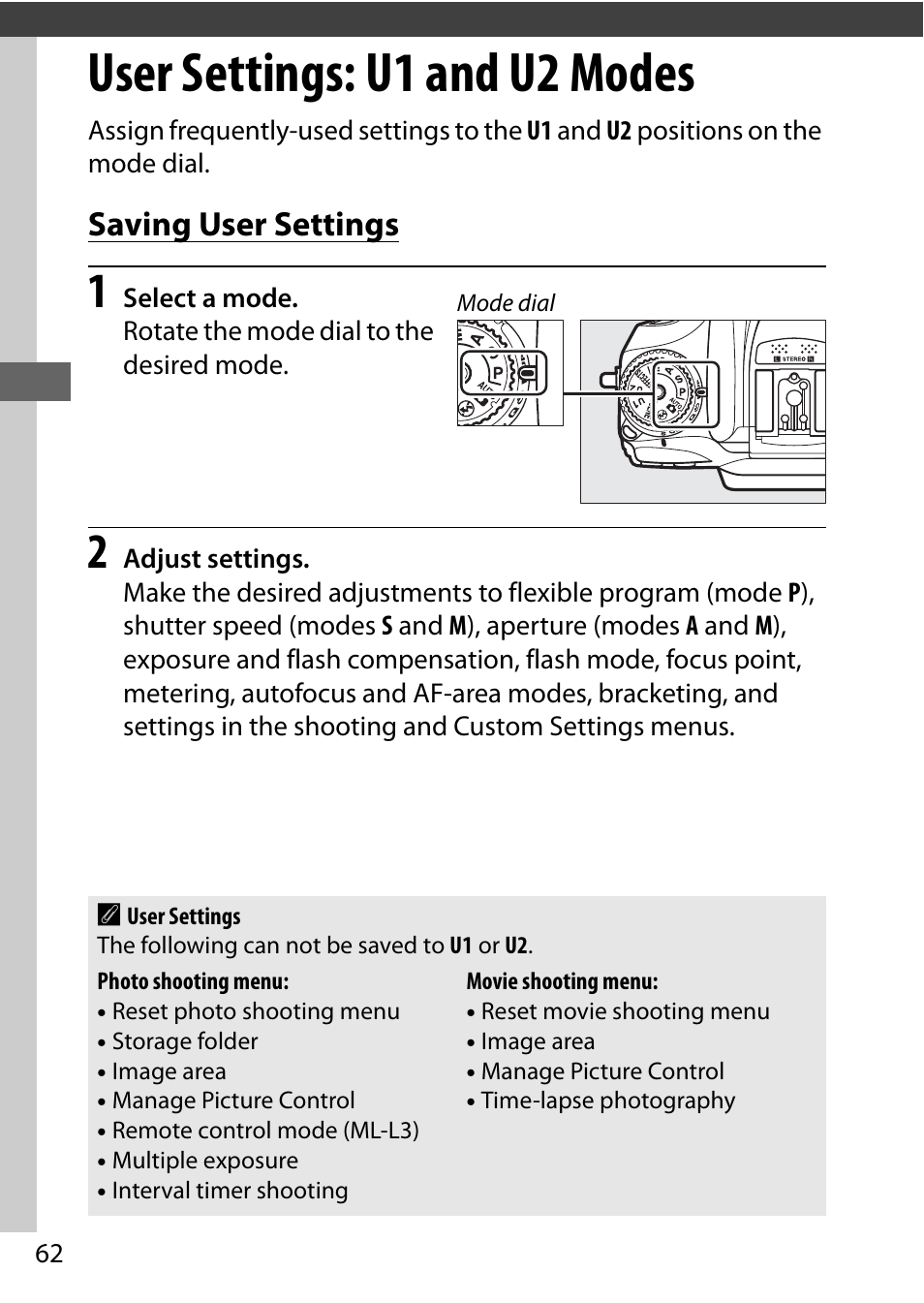 User settings: u1 and u2 modes, Saving user settings | Nikon D7200 body User Manual | Page 86 / 420