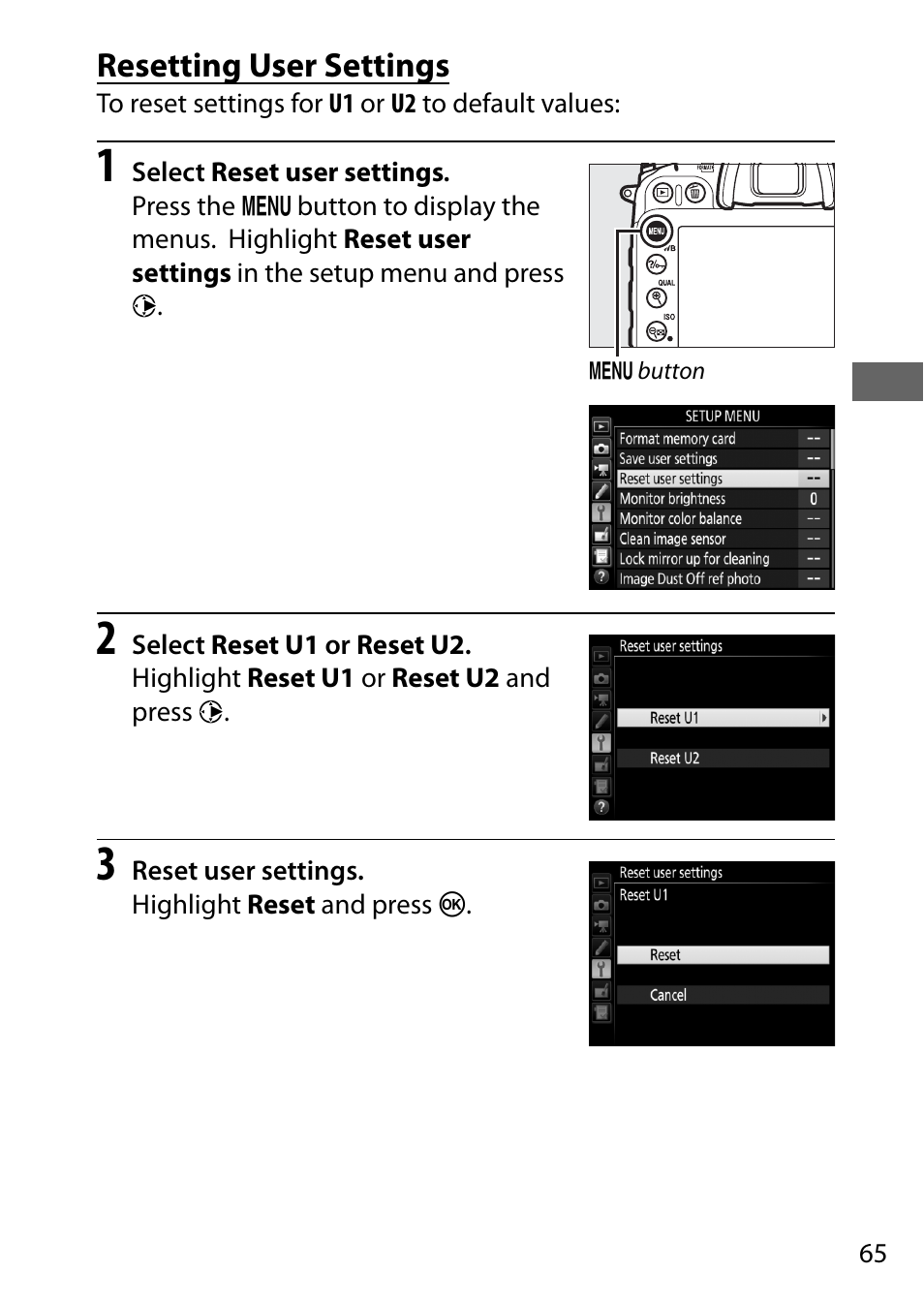 Resetting user settings | Nikon D7200 body User Manual | Page 89 / 420