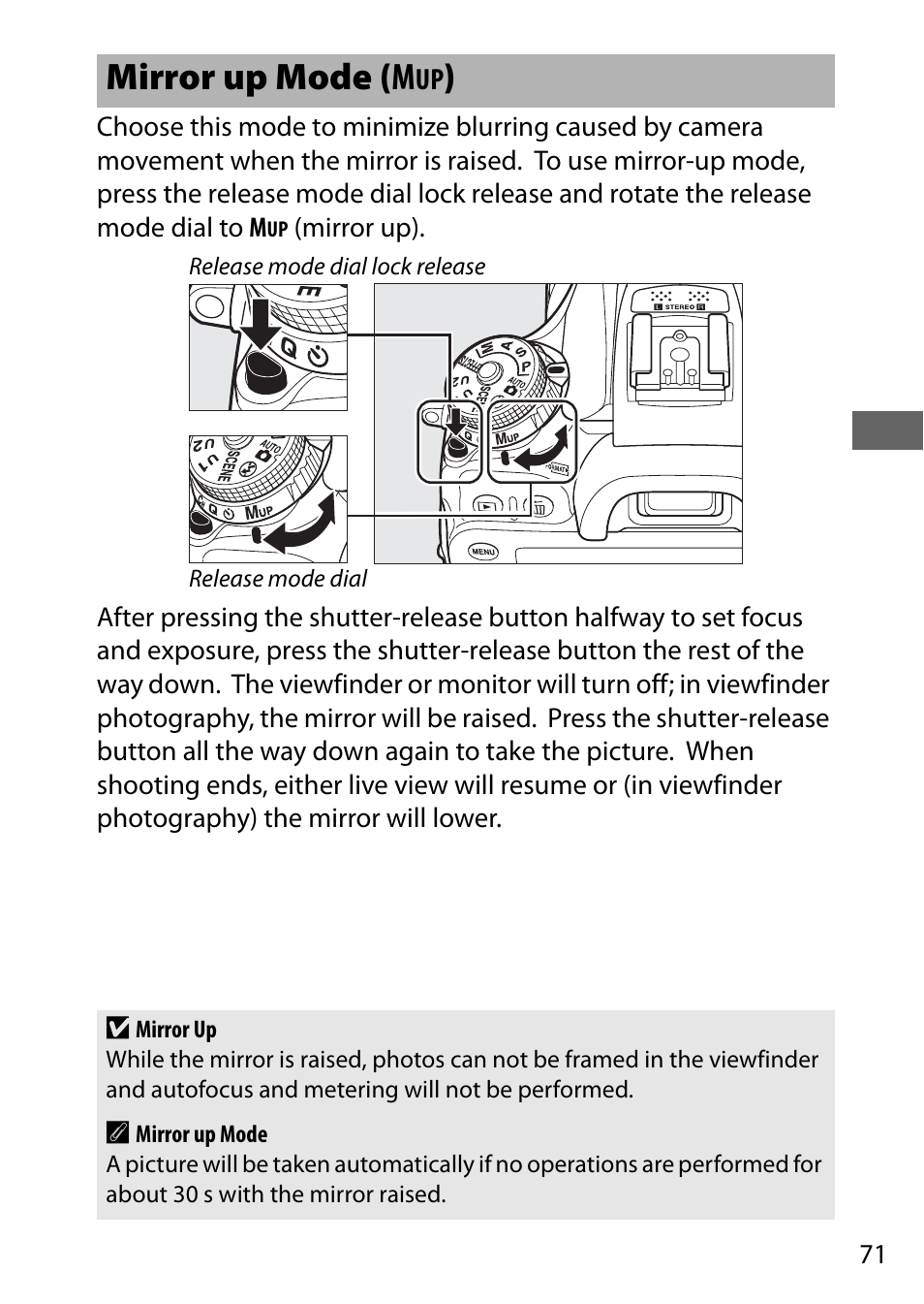 Mirror up mode (mup), Mirror up mode (m | Nikon D7200 body User Manual | Page 95 / 420