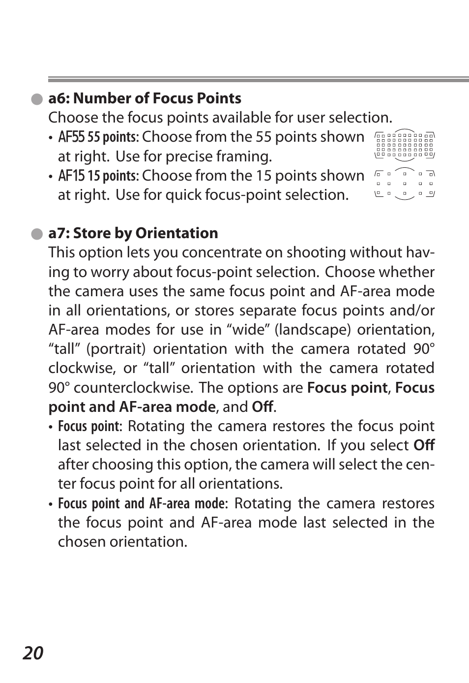 A6: number of focus points, A7: store by orientation, Tion | Nikon D5 User Manual | Page 20 / 62