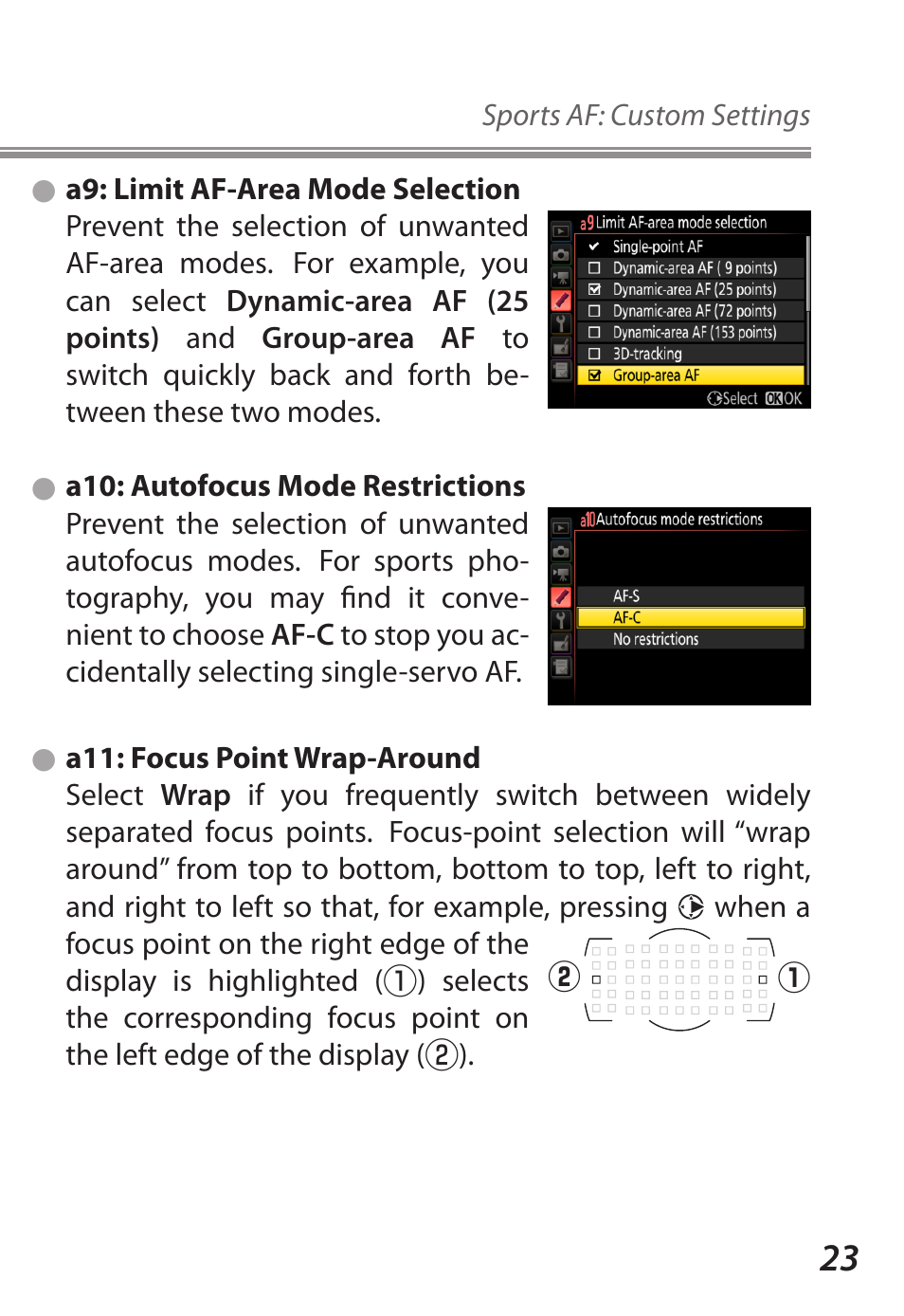 A9: limit af-area mode selection, A10: autofocus mode restrictions, A11: focus point wrap-around | Nikon D5 User Manual | Page 23 / 62