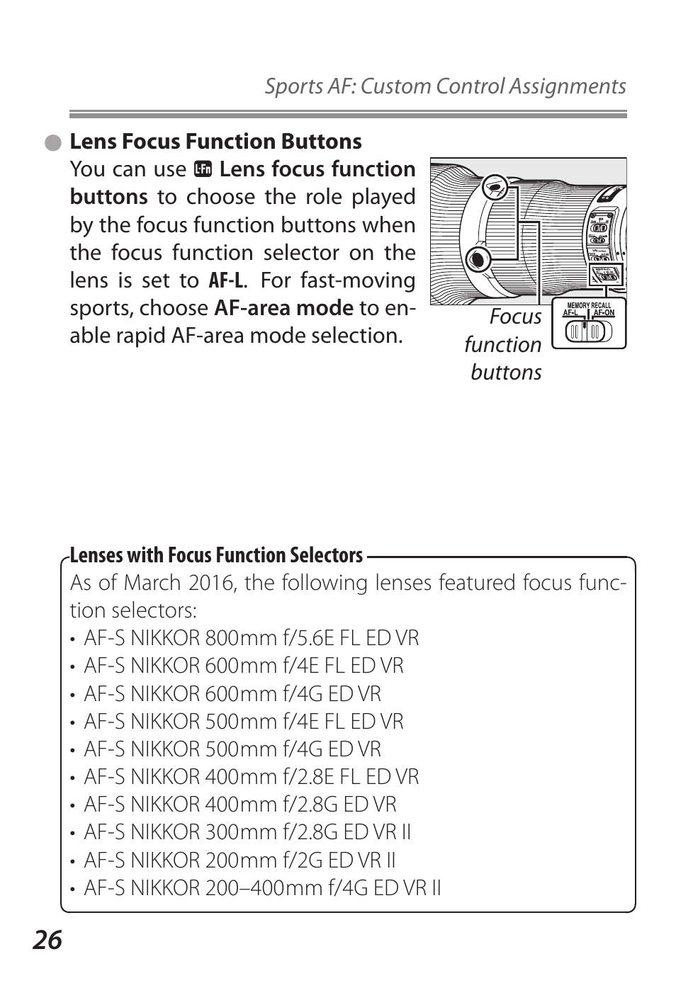 Lens focus function buttons | Nikon D5 User Manual | Page 26 / 62