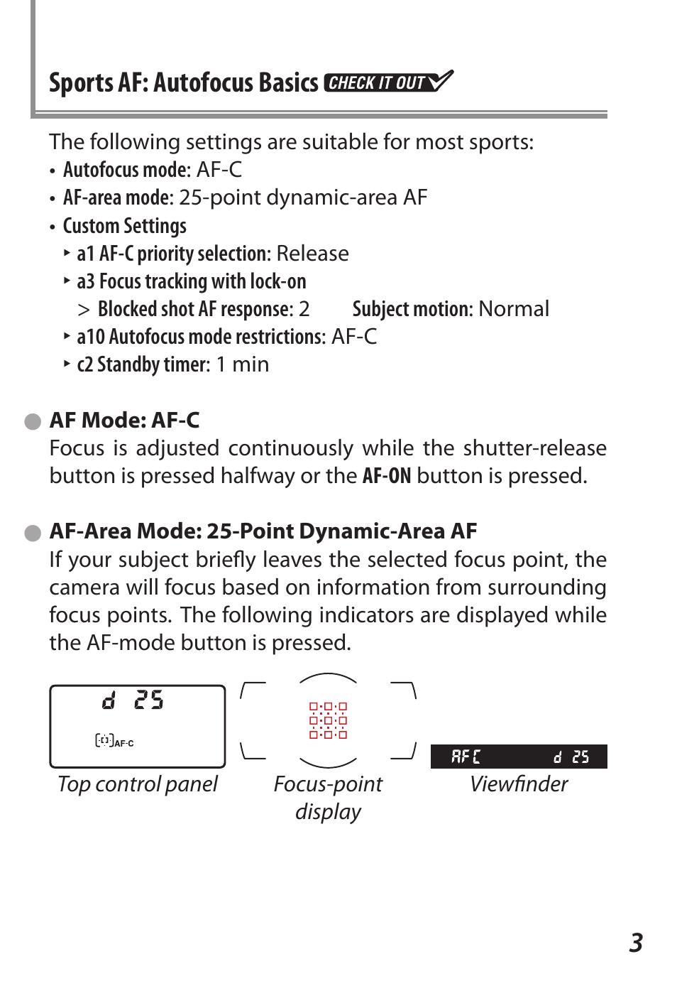 Sports af: autofocus basics, Af mode: af‑c, Af-area mode: 25-point dynamic-area af | 3sports af: autofocus basics | Nikon D5 User Manual | Page 3 / 62