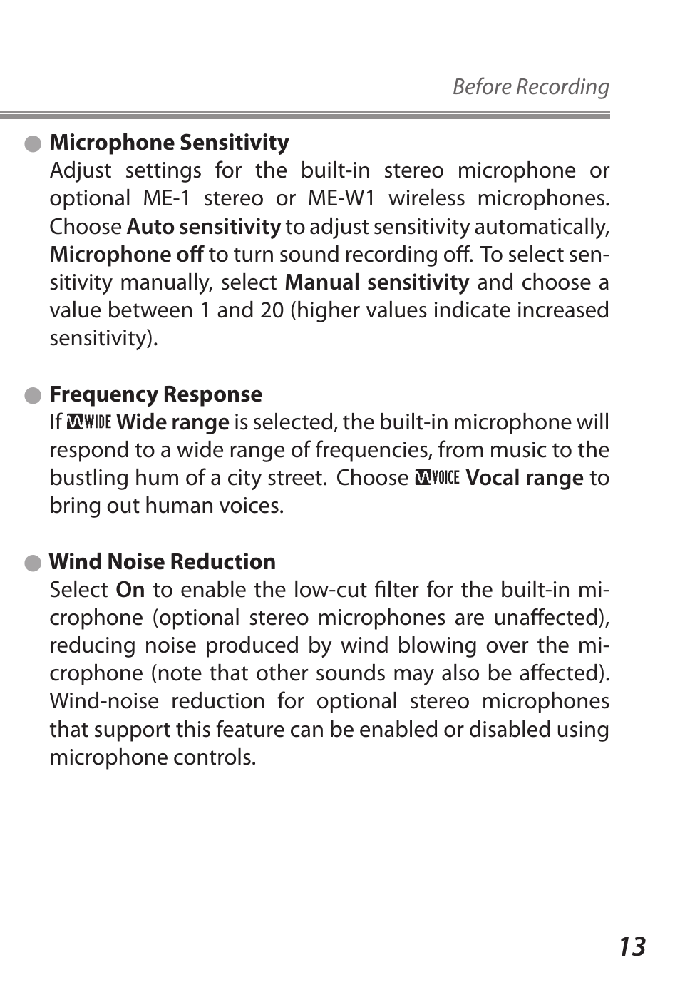 Microphone sensitivity, Frequency response, Wind noise reduction | Nikon D5 User Manual | Page 13 / 44