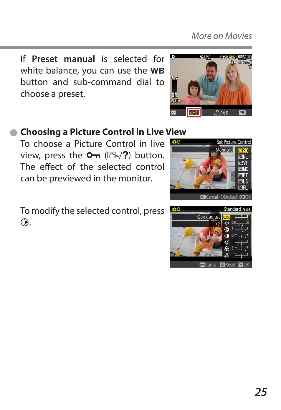 Choosing a picture control in live view | Nikon D5 User Manual | Page 25 / 44