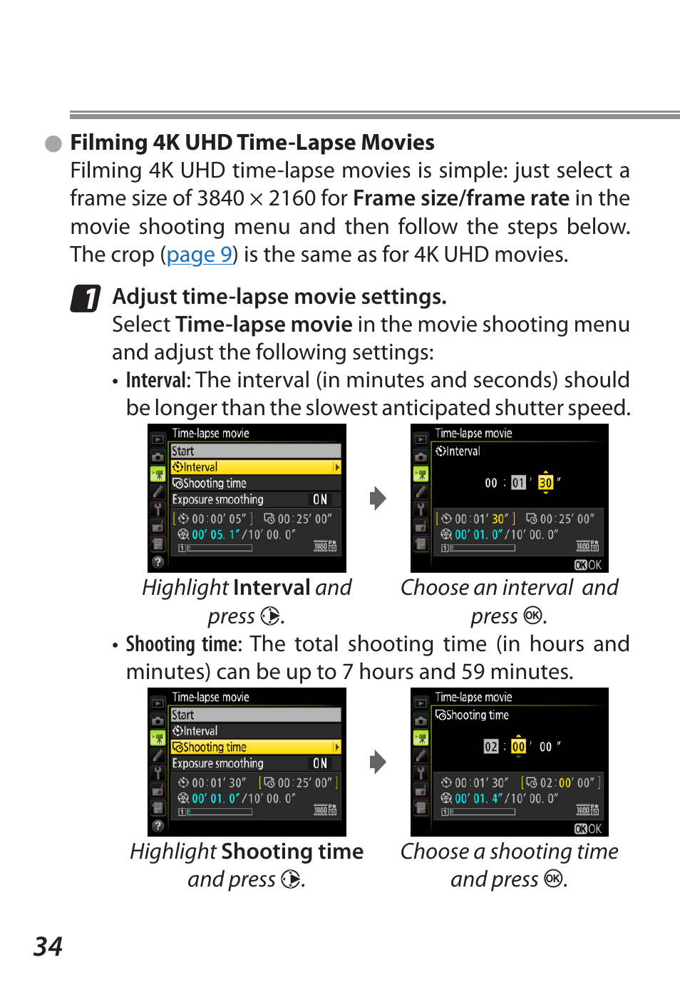 Filming 4k uhd time-lapse movies | Nikon D5 User Manual | Page 34 / 44