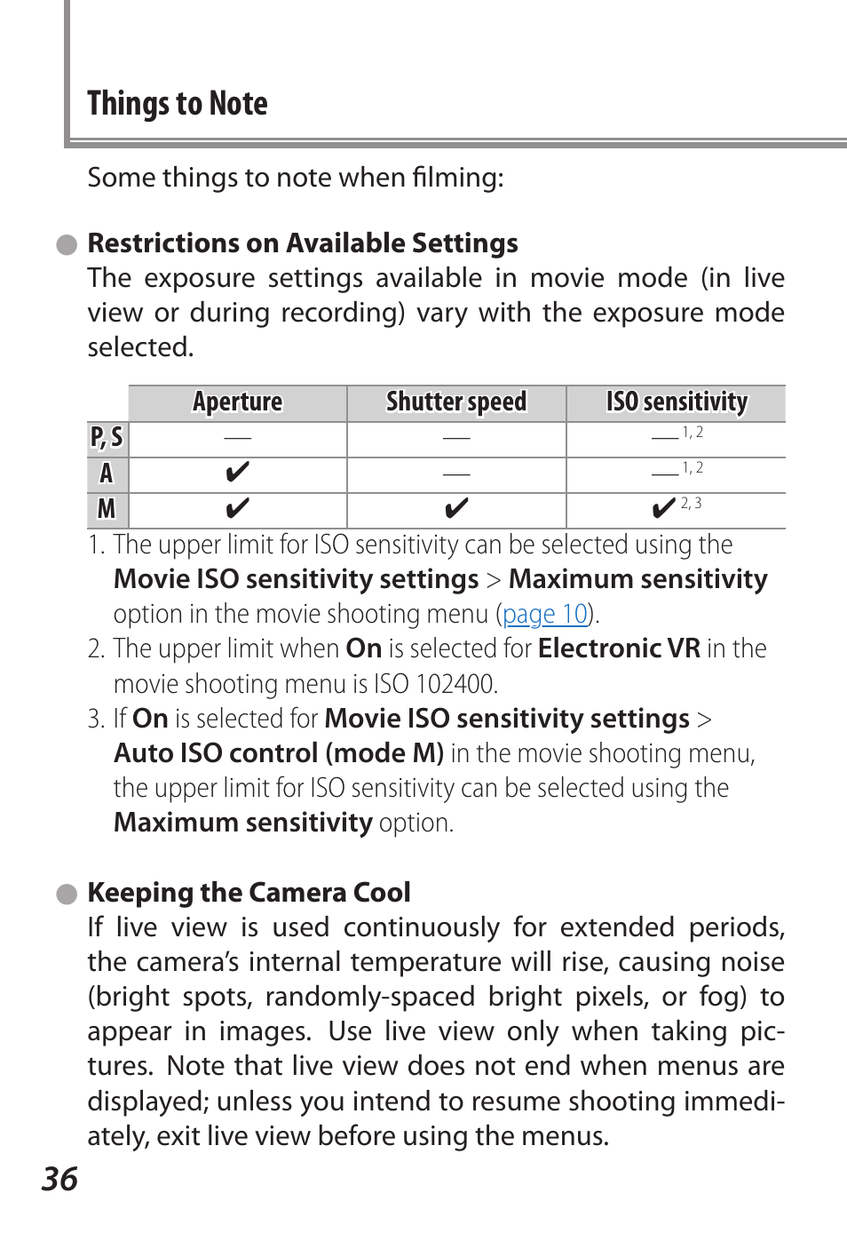 Things to note, Restrictions on available settings, Keeping the camera cool | Nikon D5 User Manual | Page 36 / 44