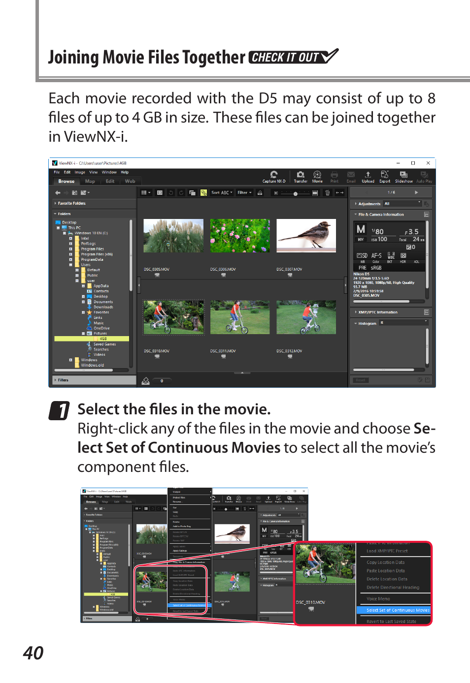 Joining movie files together, 40 joining movie files together | Nikon D5 User Manual | Page 40 / 44