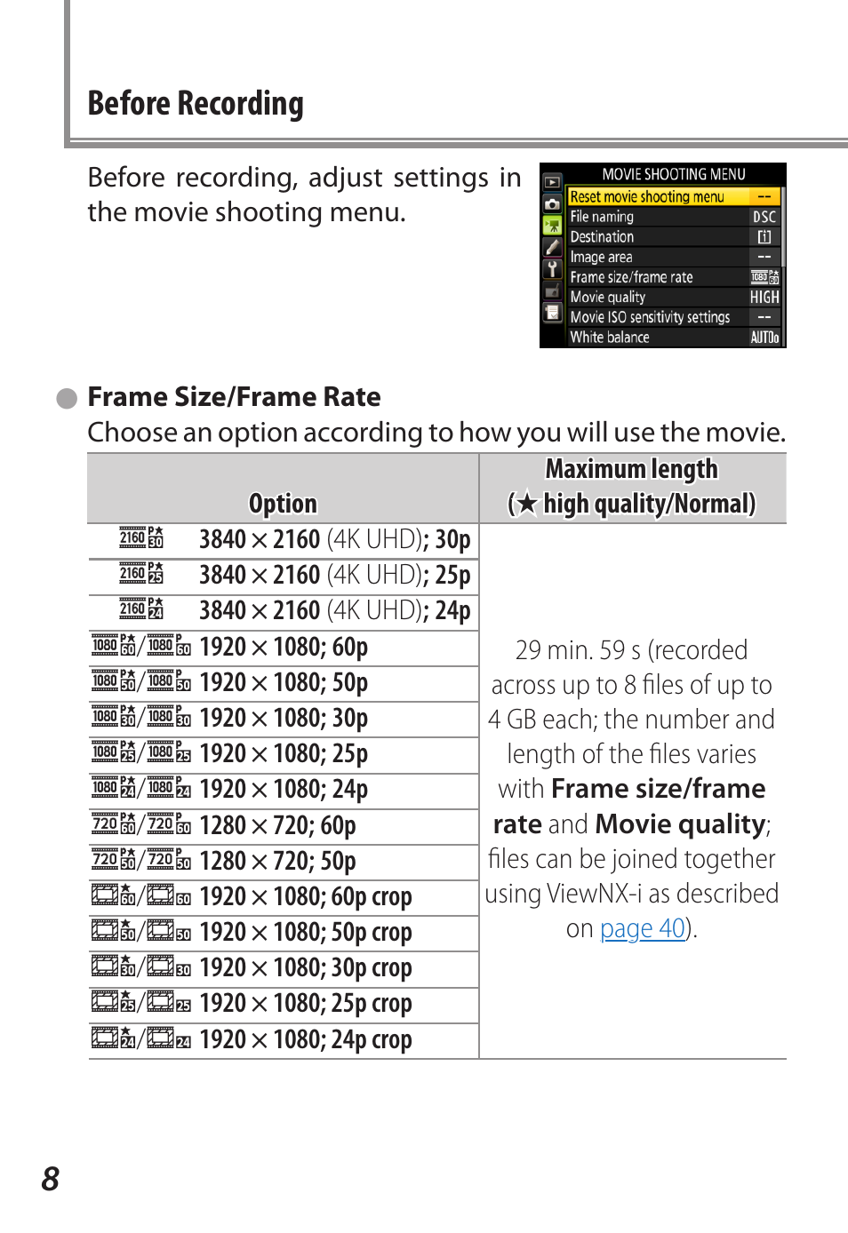 Before recording, Frame size/frame rate | Nikon D5 User Manual | Page 8 / 44