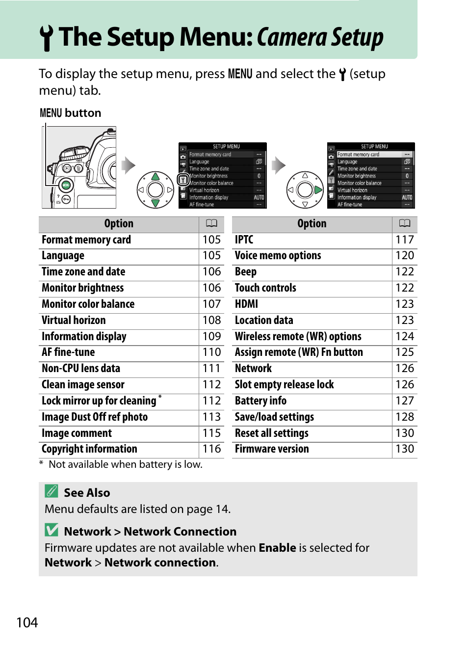 The setup menu: camera setup, B the setup menu: camera setup | Nikon D5 User Manual | Page 104 / 152