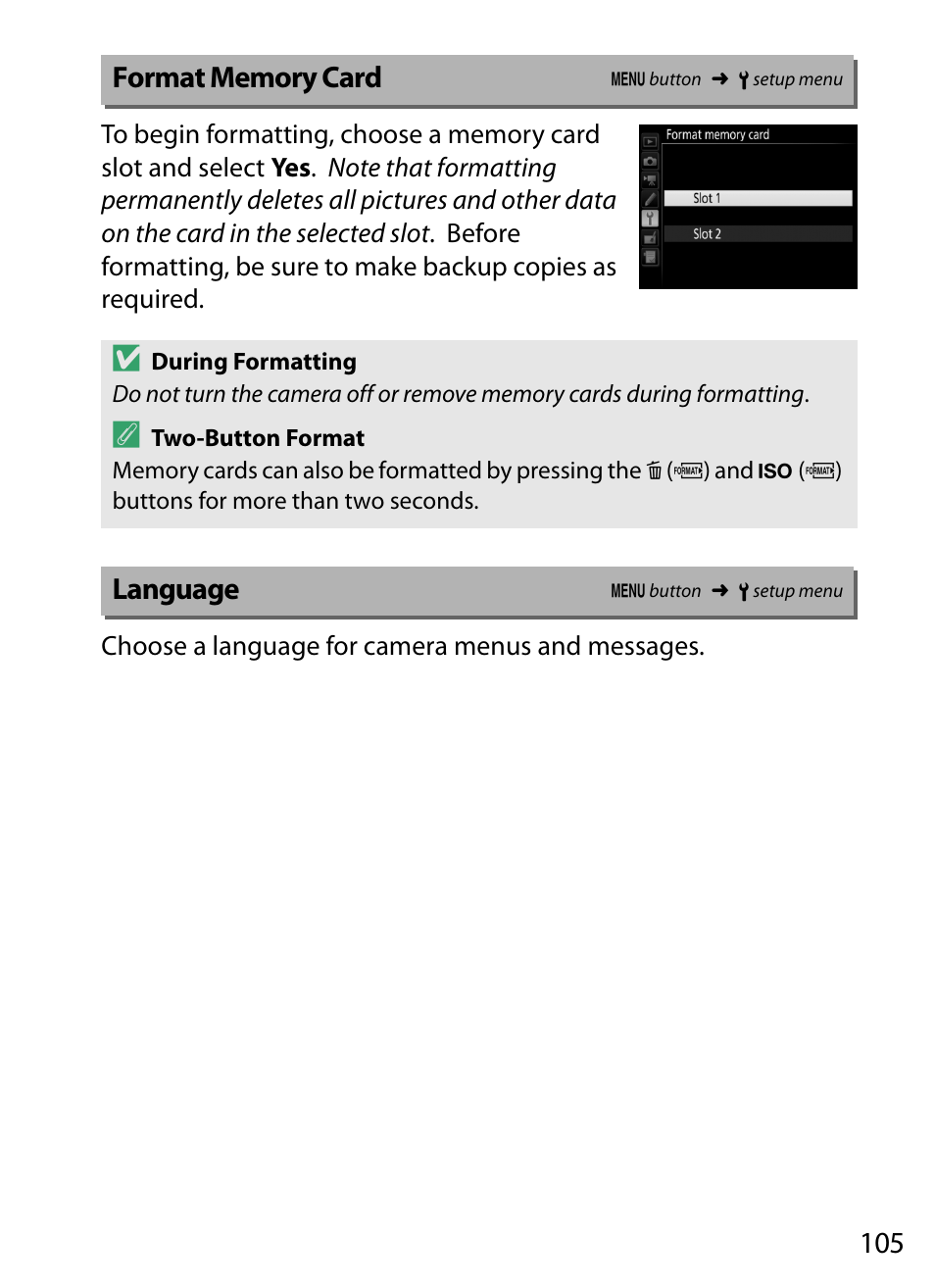 Format memory card, Language | Nikon D5 User Manual | Page 105 / 152