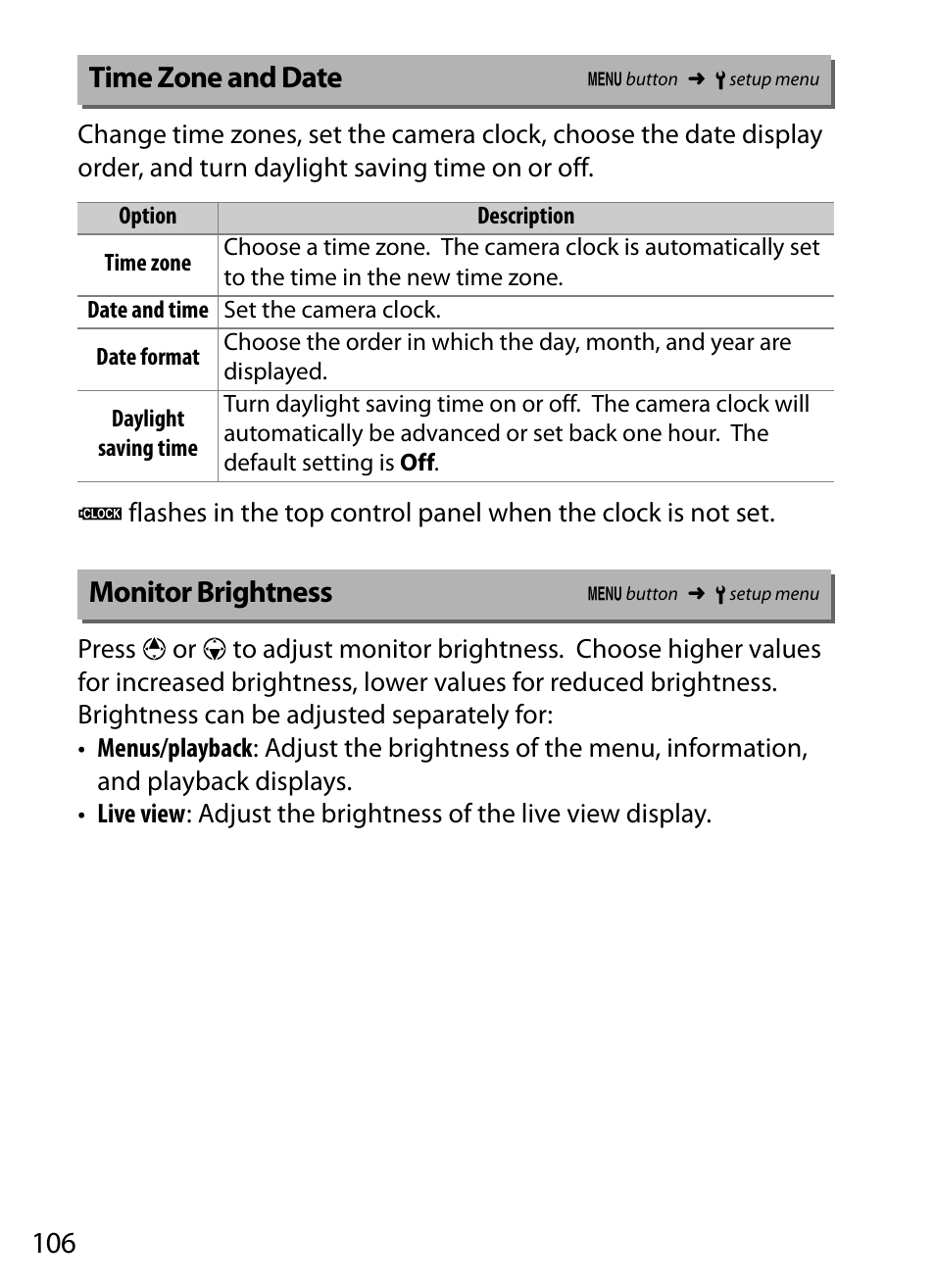 Time zone and date, Monitor brightness | Nikon D5 User Manual | Page 106 / 152