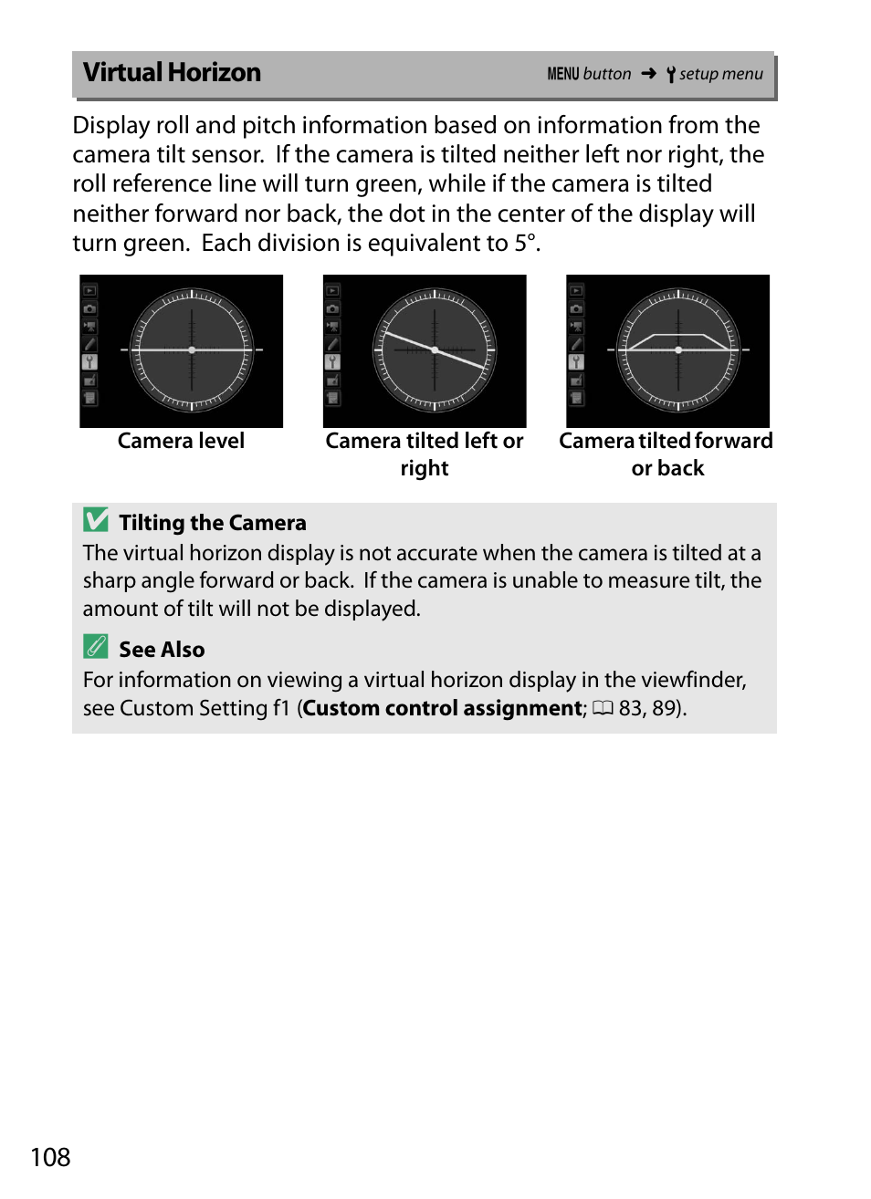 Virtual horizon | Nikon D5 User Manual | Page 108 / 152