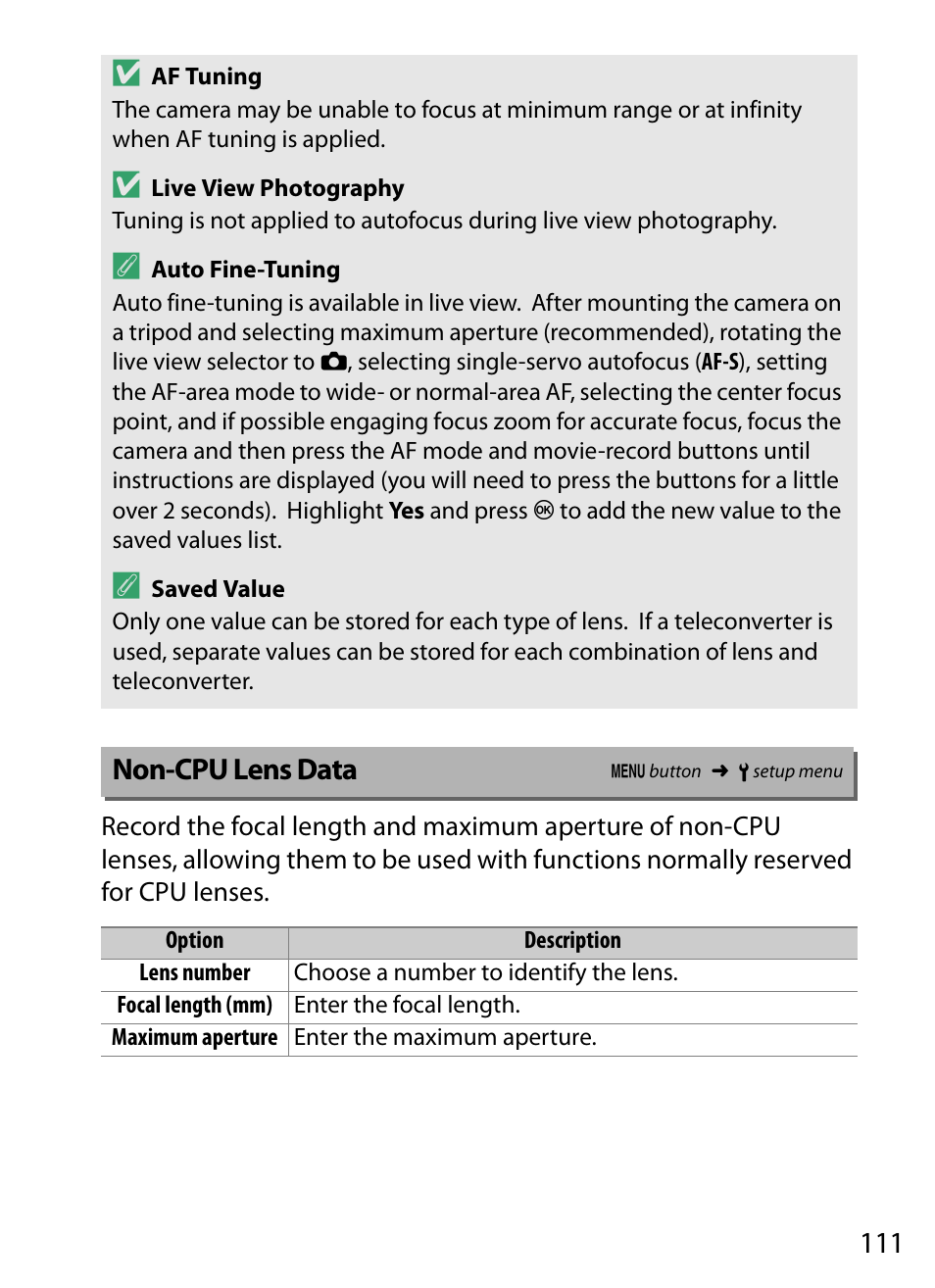 Non-cpu lens data | Nikon D5 User Manual | Page 111 / 152