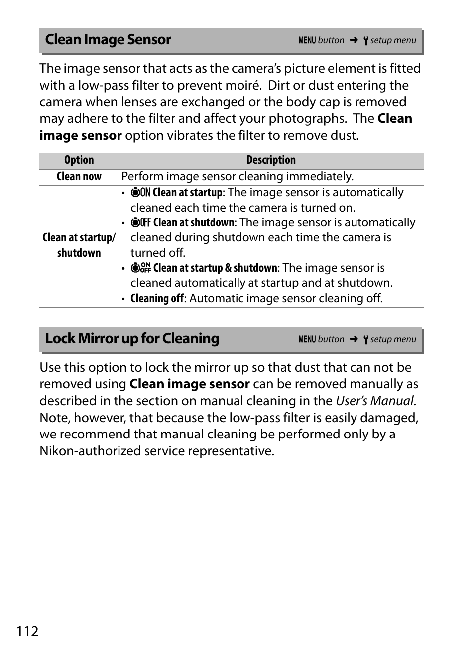 Clean image sensor, Lock mirror up for cleaning | Nikon D5 User Manual | Page 112 / 152