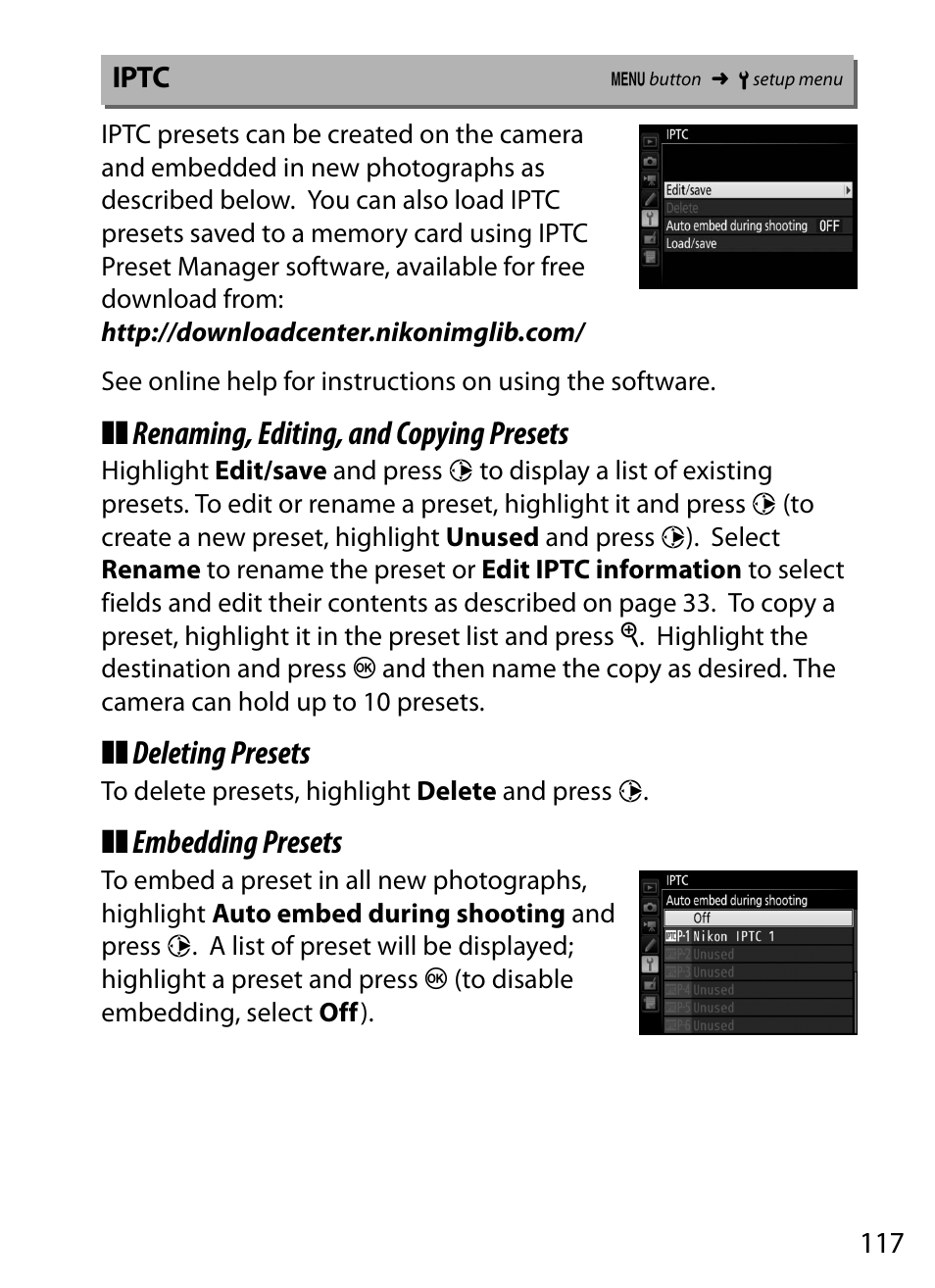 Iptc, Renaming, editing, and copying presets, Deleting presets | Embedding presets | Nikon D5 User Manual | Page 117 / 152