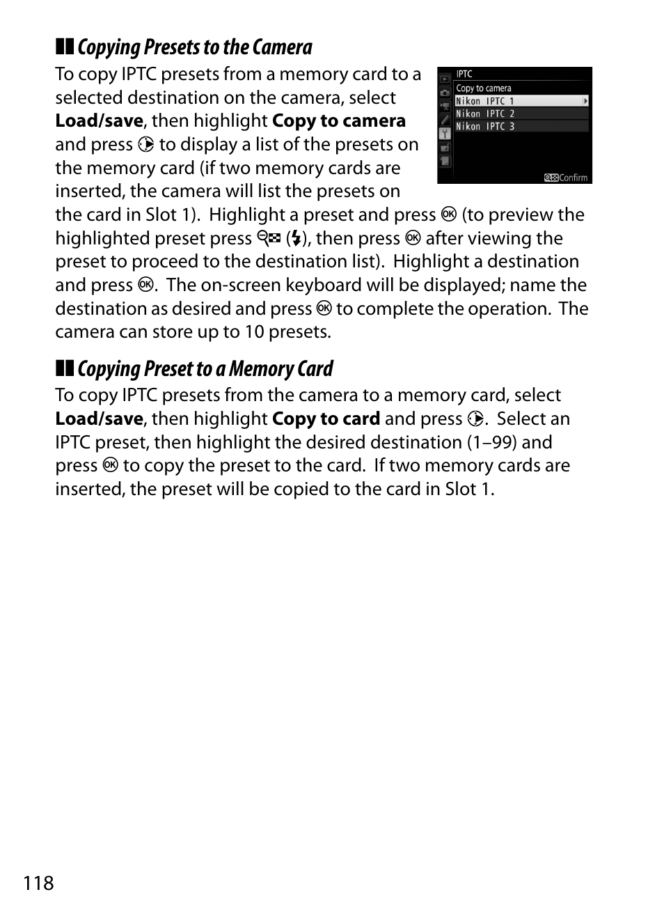 Copying presets to the camera | Nikon D5 User Manual | Page 118 / 152