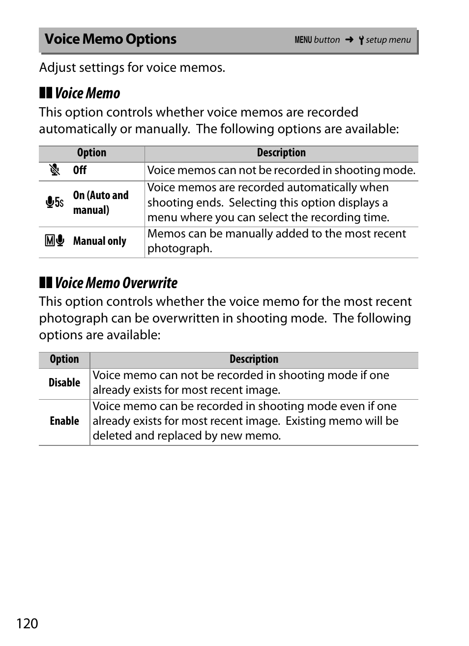 Voice memo options | Nikon D5 User Manual | Page 120 / 152