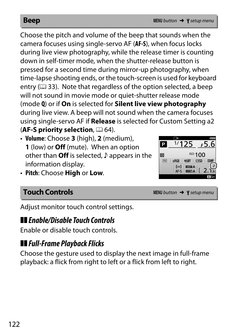 Beep, Touch controls, Enable/disable touch controls | Full-frame playback flicks | Nikon D5 User Manual | Page 122 / 152