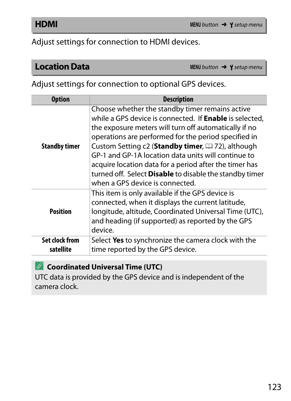 Hdmi, Location data, Data | Nikon D5 User Manual | Page 123 / 152