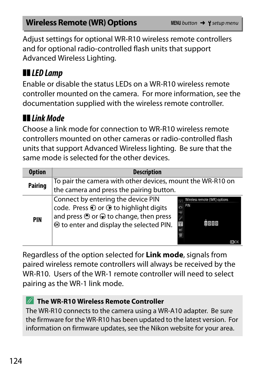 Wireless remote (wr) options, Led lamp, Link mode | Nikon D5 User Manual | Page 124 / 152