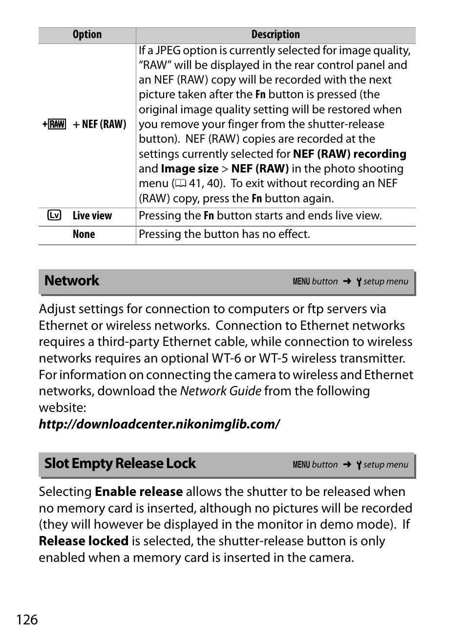 Network, Slot empty release lock | Nikon D5 User Manual | Page 126 / 152