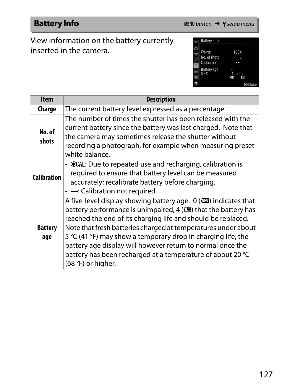 Battery info | Nikon D5 User Manual | Page 127 / 152