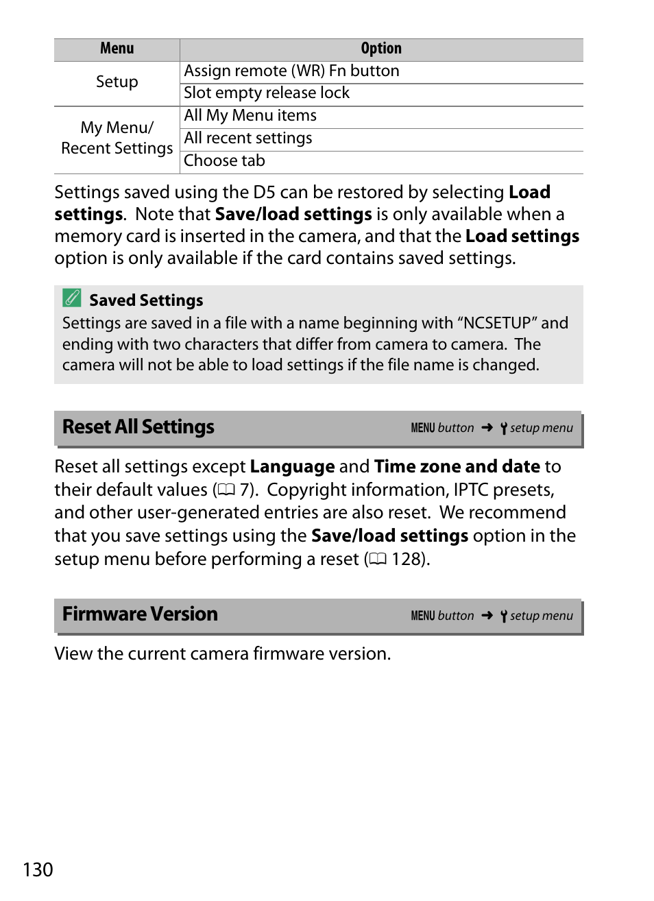 Reset all settings, Firmware version | Nikon D5 User Manual | Page 130 / 152