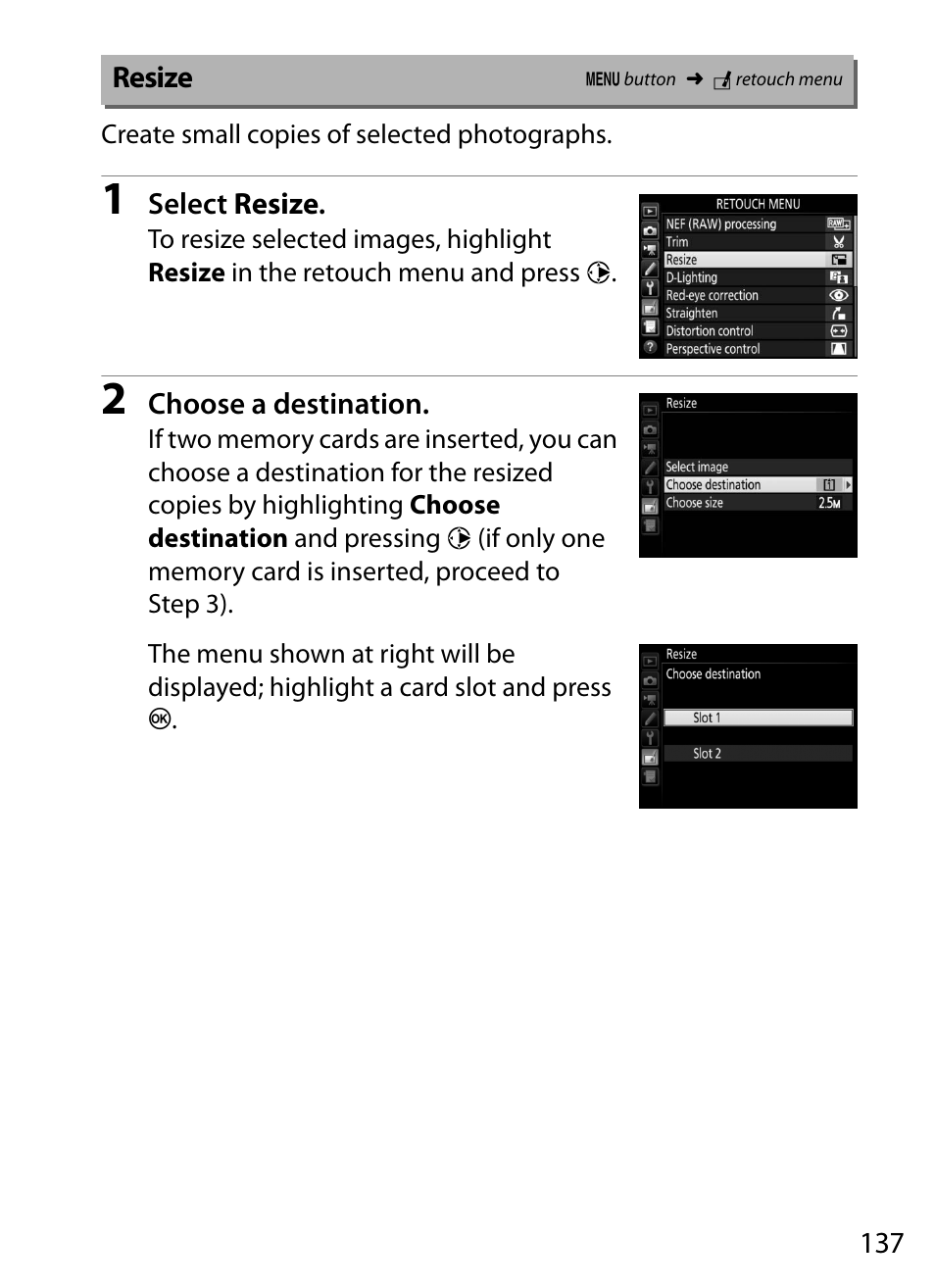 Resize | Nikon D5 User Manual | Page 137 / 152