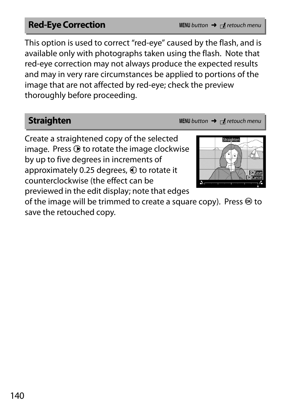 Red-eye correction, Straighten | Nikon D5 User Manual | Page 140 / 152