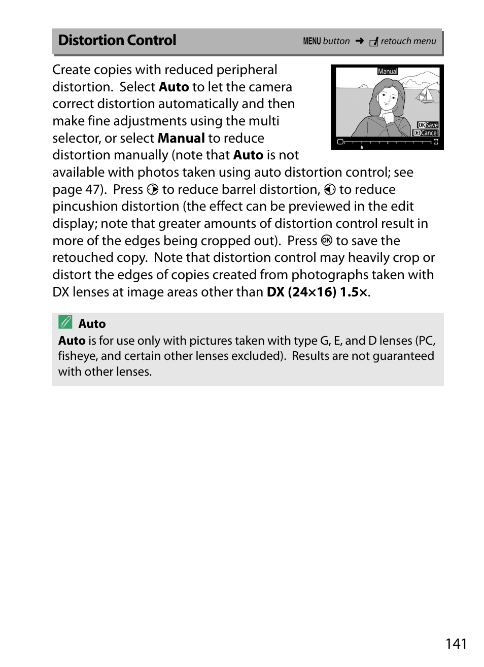 Distortion control | Nikon D5 User Manual | Page 141 / 152