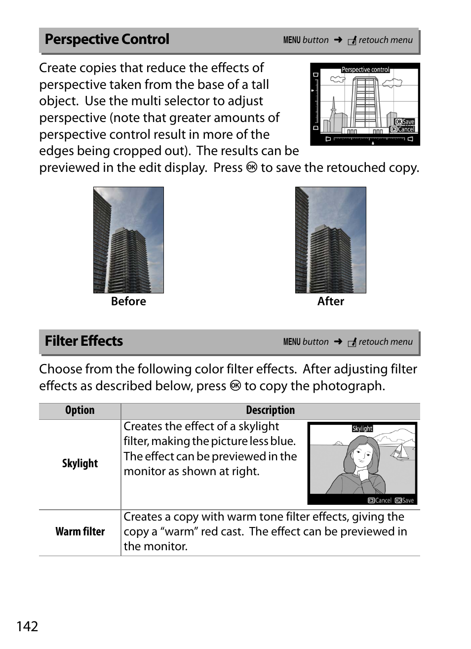 Perspective control, Filter effects | Nikon D5 User Manual | Page 142 / 152