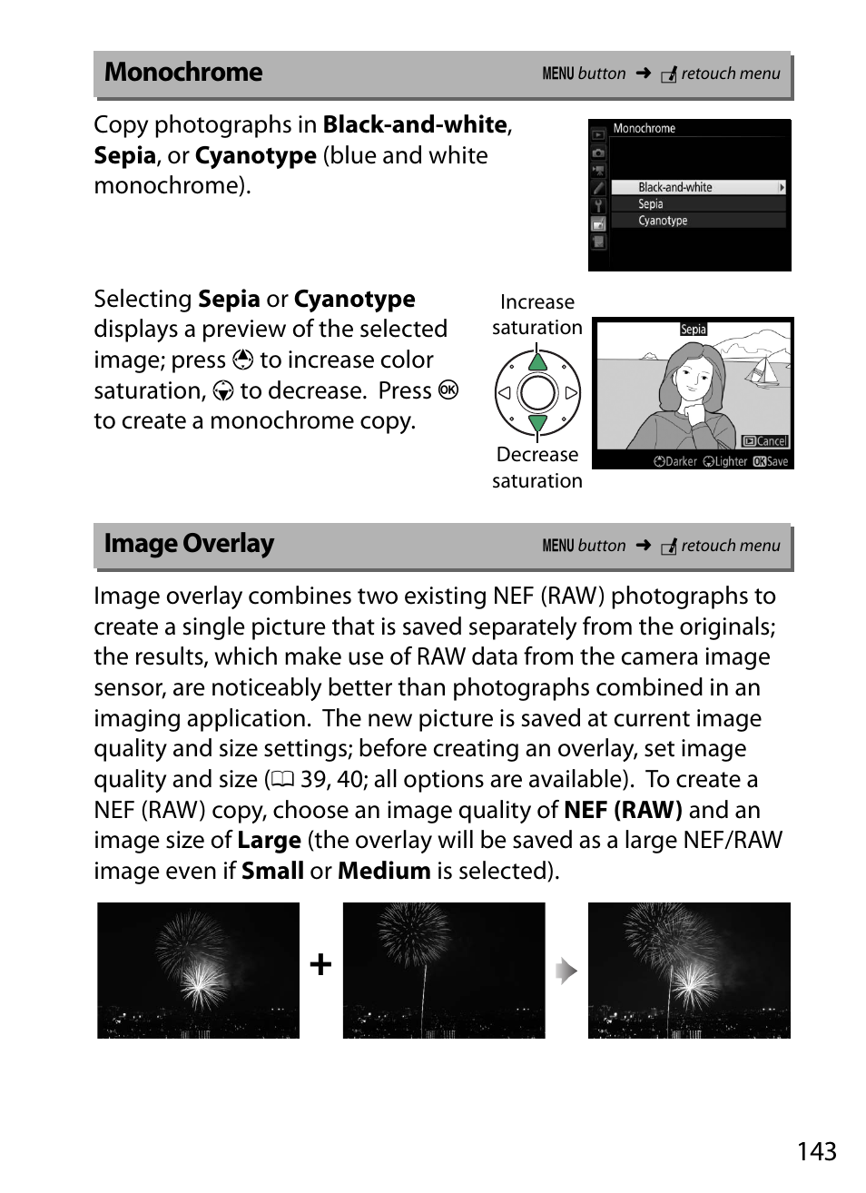 Monochrome, Image overlay | Nikon D5 User Manual | Page 143 / 152
